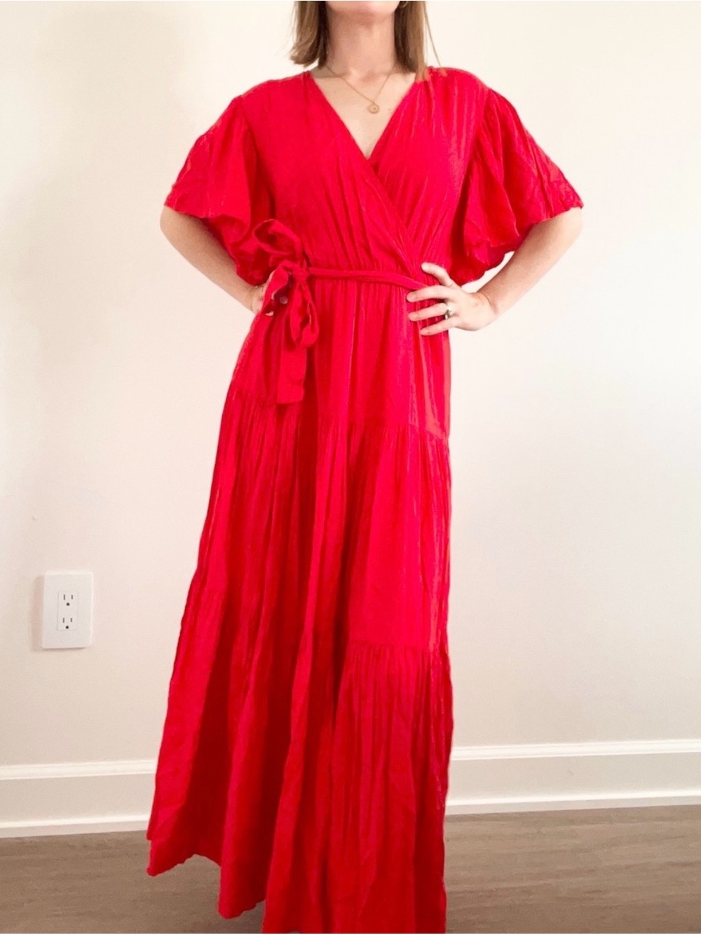 Petal & Pup Crimson Faux Wrap Maxi Dress with Tie Waist 100% Nylon